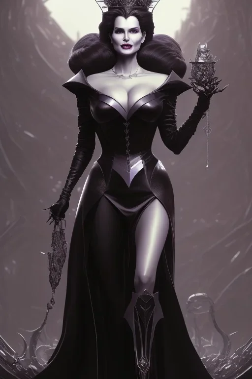 Geena Davis as evil queen in black leather gown, evil, busty, cleavage, curvy, angry, stern look. character design by cory loftis, fenghua zhong, ryohei hase, ismail inceoglu and ruan jia. unreal engine 5, artistic lighting, highly detailed, photorealistic, fantasy