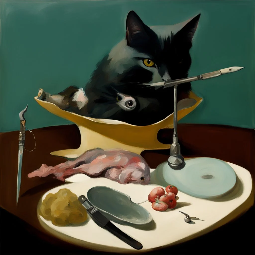 a cat and human flesh-like surgical instruments and universe-like a pigeon and neuralink, surrealism,minimalism,Painting By Adrian Ghenie, Rene Magritte, Salvador Dali, Lucian Freud