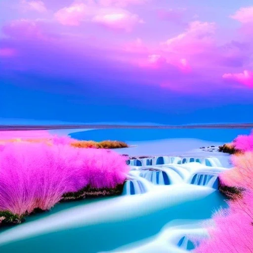 beautiful dream, mystical, cascades, masterpiece, pastel colors, blue river, pink clouds,8k