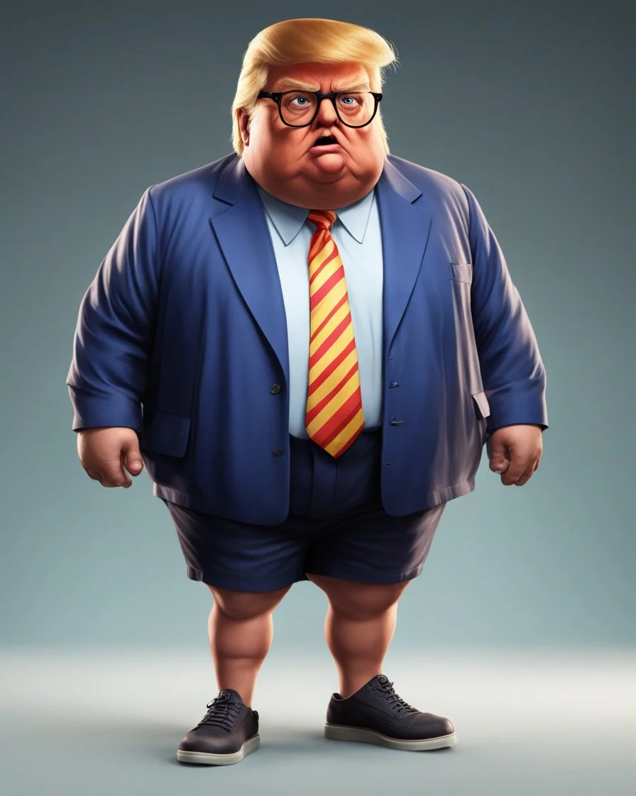 A character image of a fat Donald Trump wearing specks and shorts, a little angry.