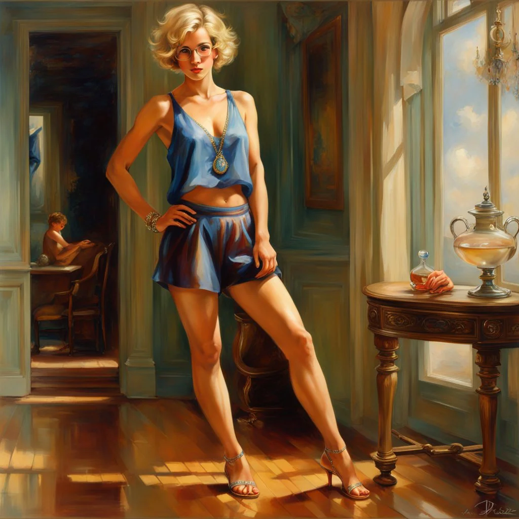 full length low angle airbrush portrait of young barefoot woman standing legs apart, wearing crop top and silk shorts with blond hair in pixie haircut, tan complexion, and wireframe glasses, sapphire pendant, confident expression, by pino daeni bare feet resting on hardwood floor, in opulent parlor with antiques, relief hangings, and a crystal decanter, perfect toes, pedicure