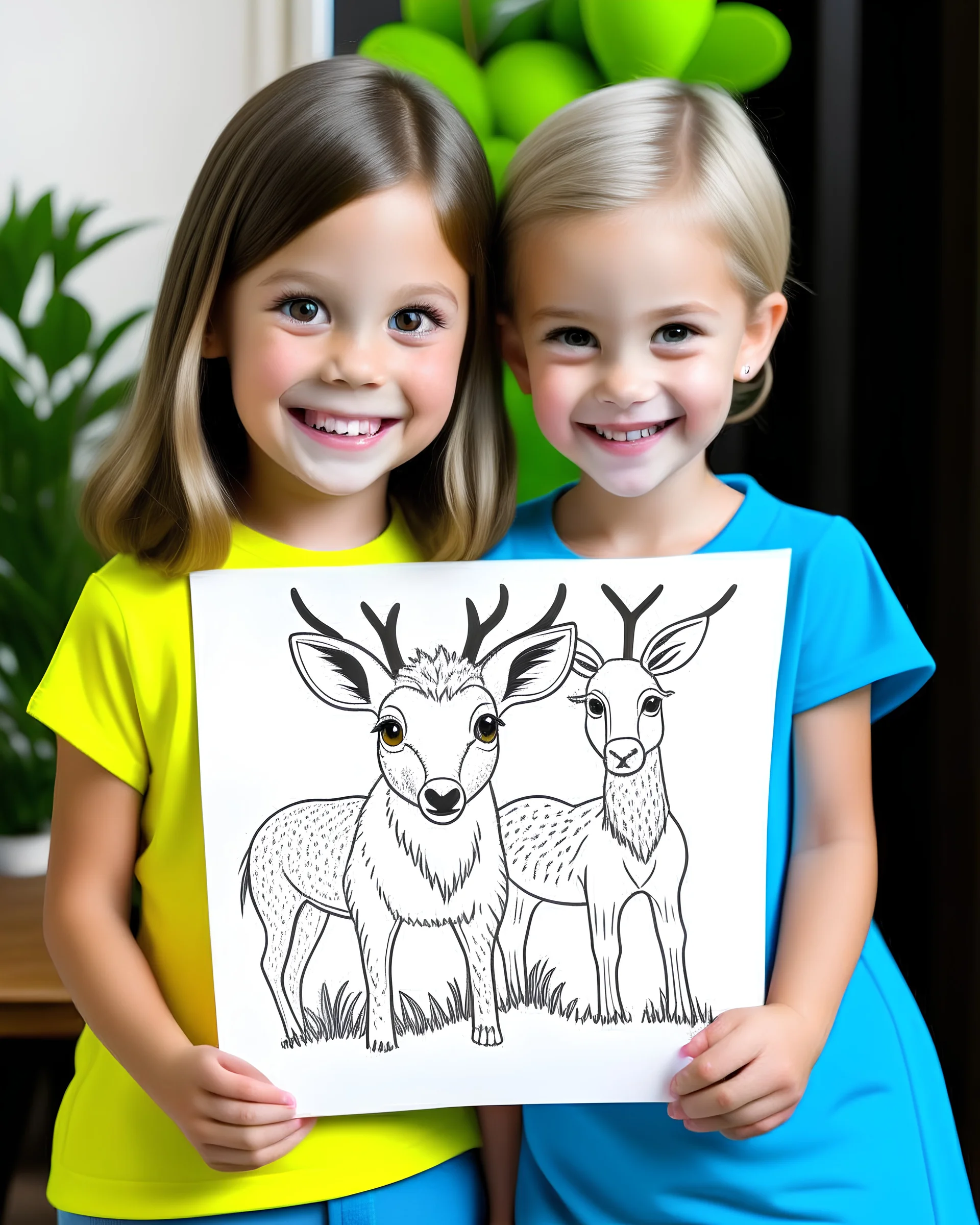 Check out a picture of two kids(4 years) showcasing their finished deer coloring page in a frame or as a gift for someone special. (style carton)