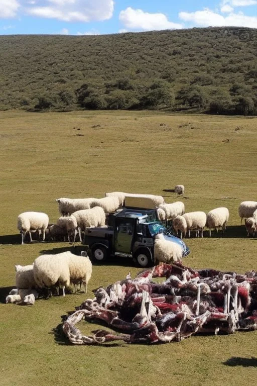 farm made out of sheep carcass with lots of 4wd trck hanging around