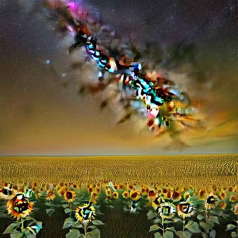 above a field of sunflowers the Milky Way curves in a summer sky digital art