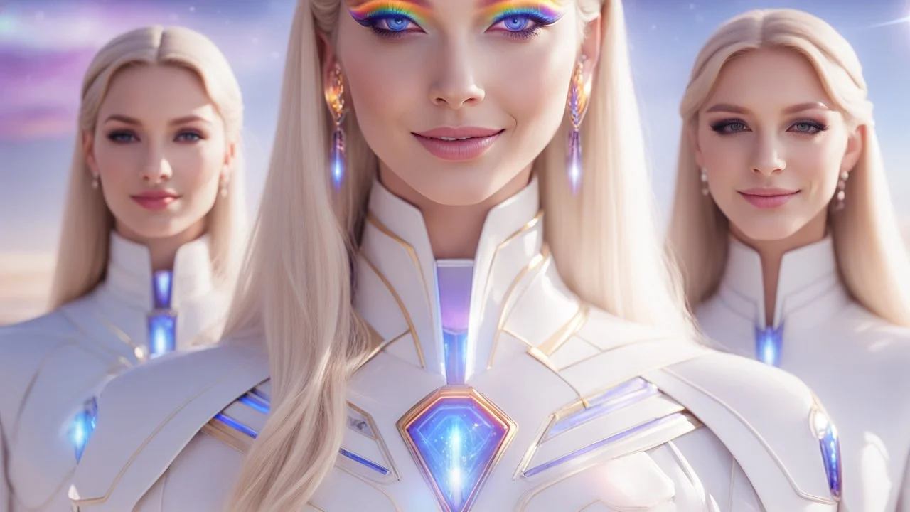 cosmic woman ,beautiful ufos rainbow, admiral from the future, galactic confédération, fine whole face, crystalline skin, expressive purple eyes,rainbow, smiling lips, very nice smile, costume pleiadian, Beautiful tall woman pleiadian Galactic commander, ship, perfect datailed golden galactic suit, high rank, long blond hair, hand whit five perfect detailed finger, amazing big puple eyes, mouth, high définition lips, cosmic happiness, bright colors