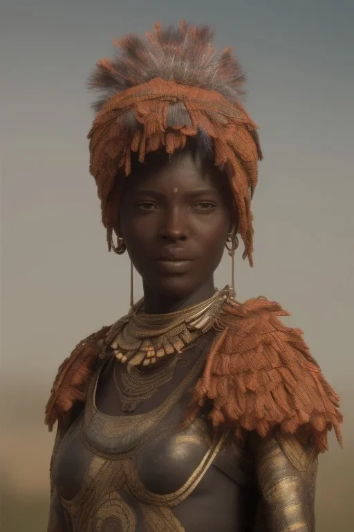 african portrait, warrior costume, village, meditation, woods, galaxy sky, 8k quality