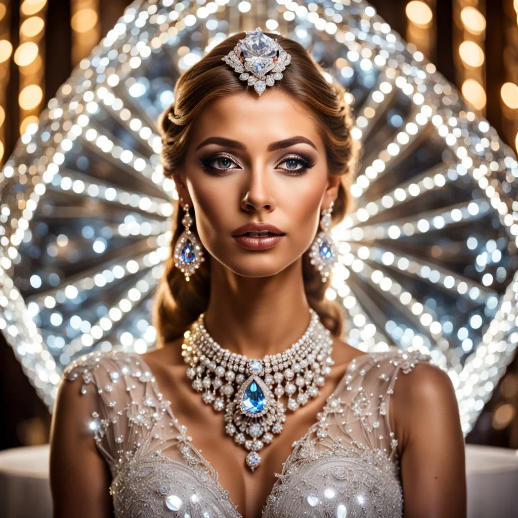 very beautiful fachion lady sitting inside a very big fantezy diamond wearing nice bride, lights reflecting on diamod and her jewels