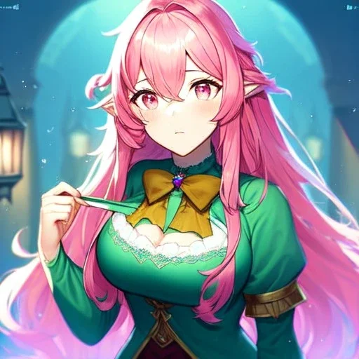 girl, masterpiece, best quality, volumetric lighting, dynamic pose, detailed outfit, perfect eyes, pink hair, pink eyes, messy hair, long hair, elf, holding bow,