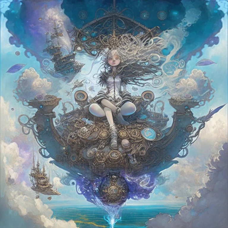 a girl, of a skilled spellcaster, sitting on a throne-like seat, surrounded by pulsating arcane symbols and intricate controls, ((on the deck)) of a majestic ((((flying)))) ((Spelljammer)) ((sailing ship floating on misty clouds in the sky)), navigating through a dreamlike realm of levitating islands and otherworldly landscapes. Positioned on the ship's deck, radiant colors, magical energy flowing from the spellcaster's hands, fueling the ship's flight. digital art, anime