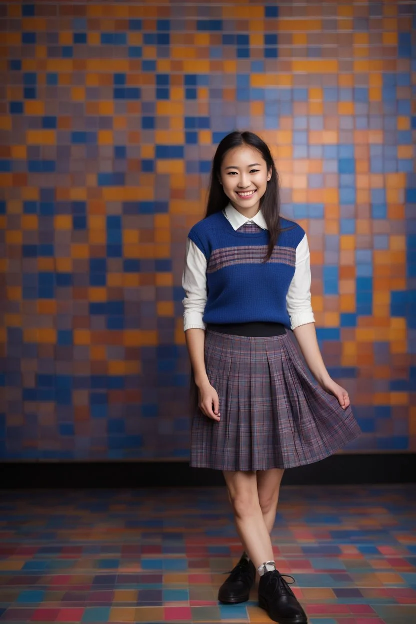 multicolored, neon lit, tiled floor -- smiling 18-year-old Samantha Shinzu, big boobs, long, black hair, ponytail, blue eyes, short, pleated, plaid wool skirt, cotton blouse, a wool sweater, oxford shoes, and a neck scarf, professional quality studio 8x10 UHD Digital photograph, multicolored spotlight, Photorealistic, realistic stock photo,