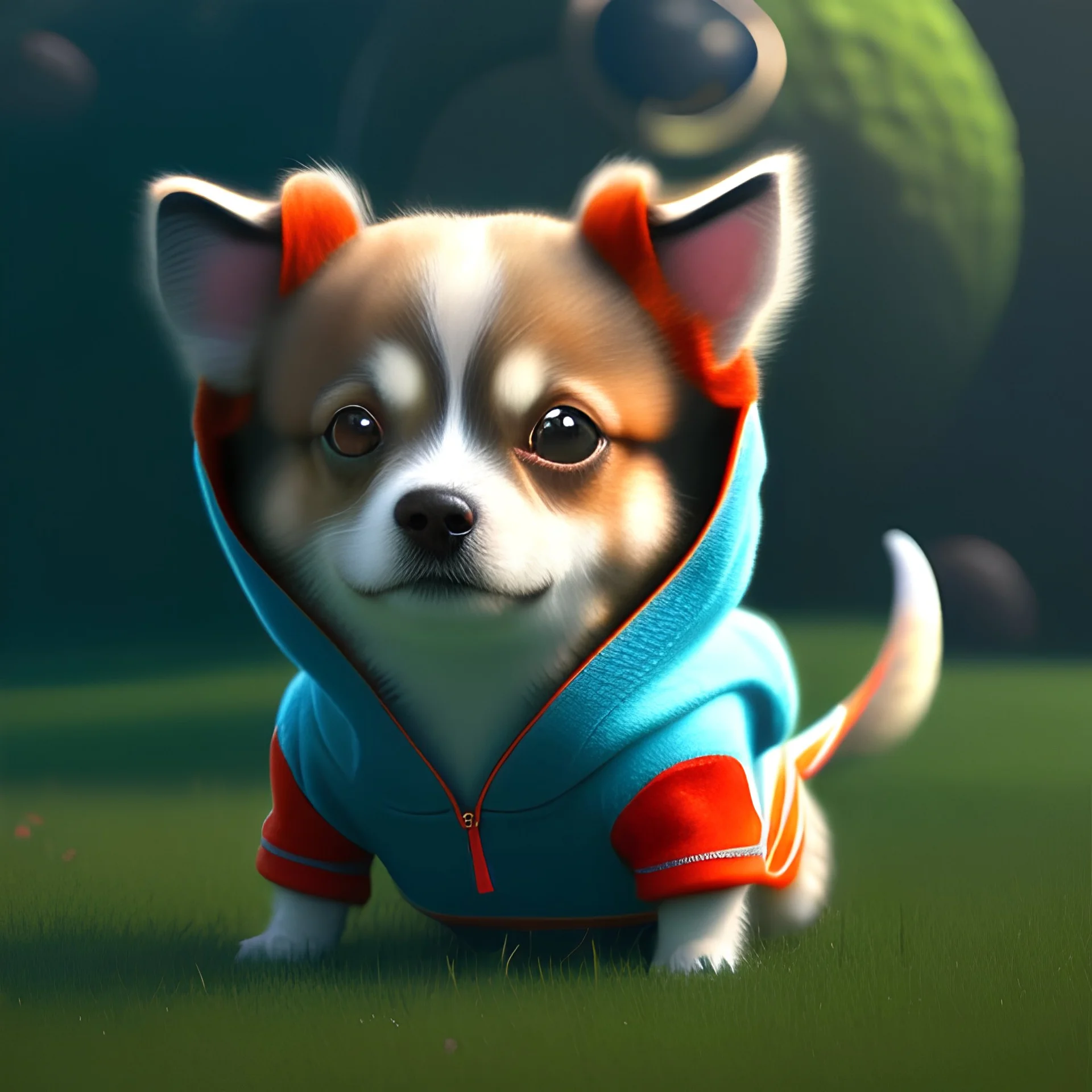 Concept art of Little mascot dog wearing a hoodie (Pixar art style)++, highly detailed, digital painting, art stations, concept art, smooth, unreal engine 5, god rays, ray tracing, RTX, nanite polygons, lumen lighting, ultra detail, volumetric lighting, 3d, detailed anime, finely drawn, high definition, high resolution, cartoon [ animation, cartoon, drawing, painting, low res, cropped, watermark, jpeg artifacts, low quality, normal quality, bad anatomy, text error, worst quality, blurry thousan