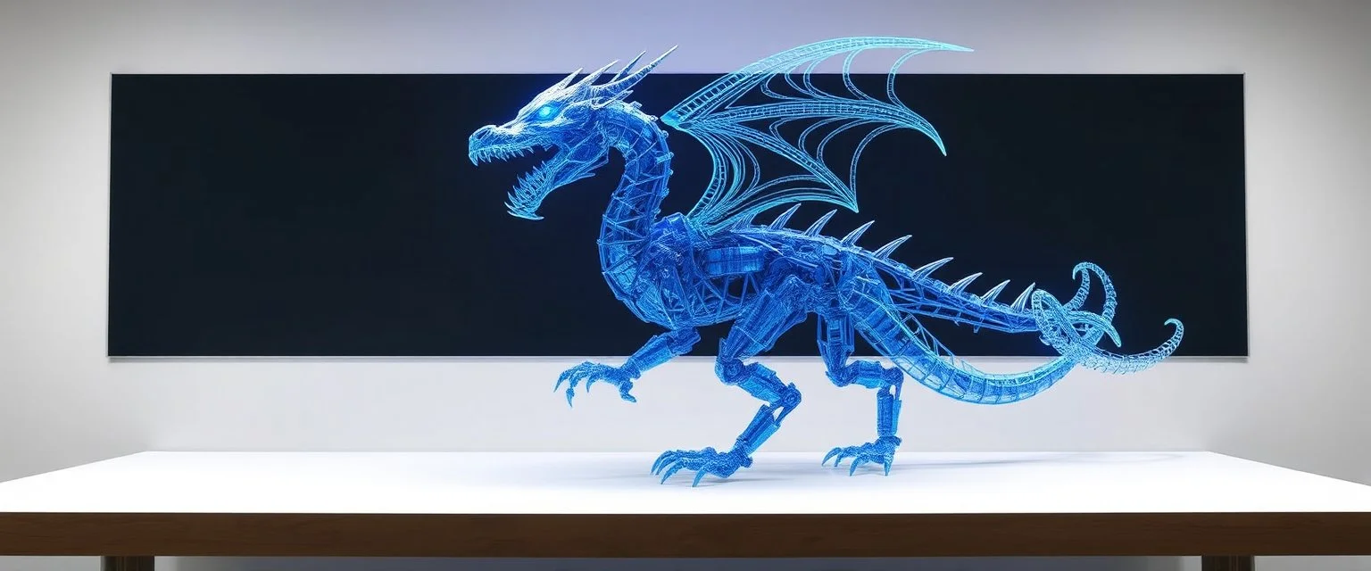 engineering blue print of beholder fire breathing dragon robot