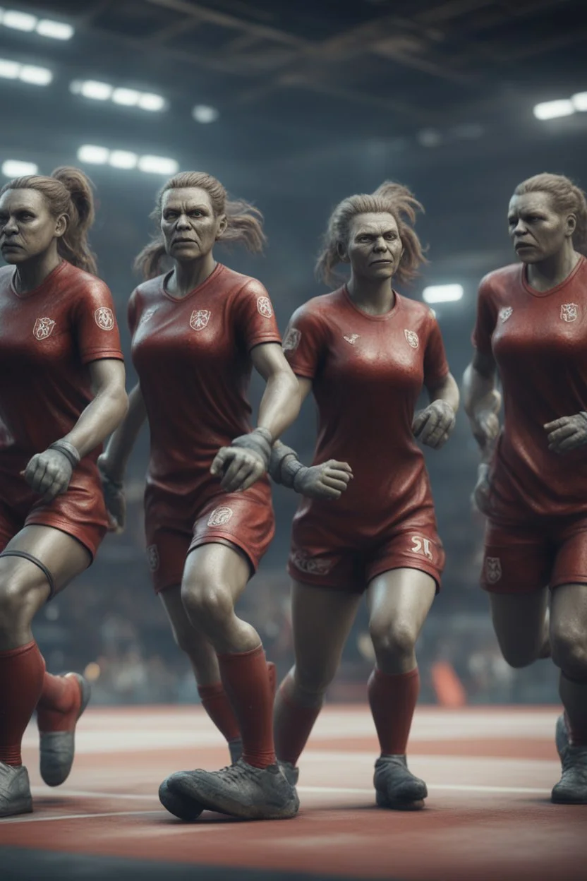 hyper violent ogre women soccer handball team in the Olympics in the style of Giger and fallout 4 ,,bokeh like f/0.8, tilt-shift lens 8k, high detail, smooth render, down-light, unreal engine
