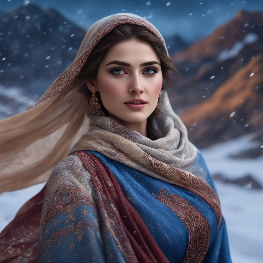 Hyper Realistic close-up-view of a Gorgeous-Young-Pashto-Women-with-beautiful-blue-eyes whirling wearing blue-grey-dress & beige-shawl-with-maroon-embroidery on mountains at snowfall night withy dramatic & cinematic ambiance