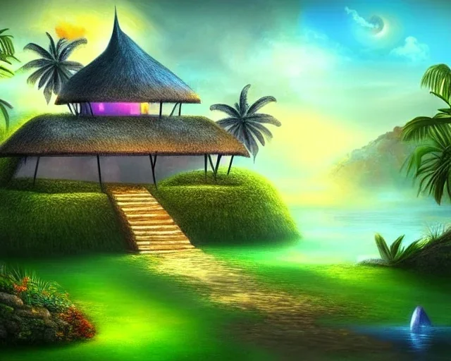 mystical house on a hot tropical island, fantasy art,