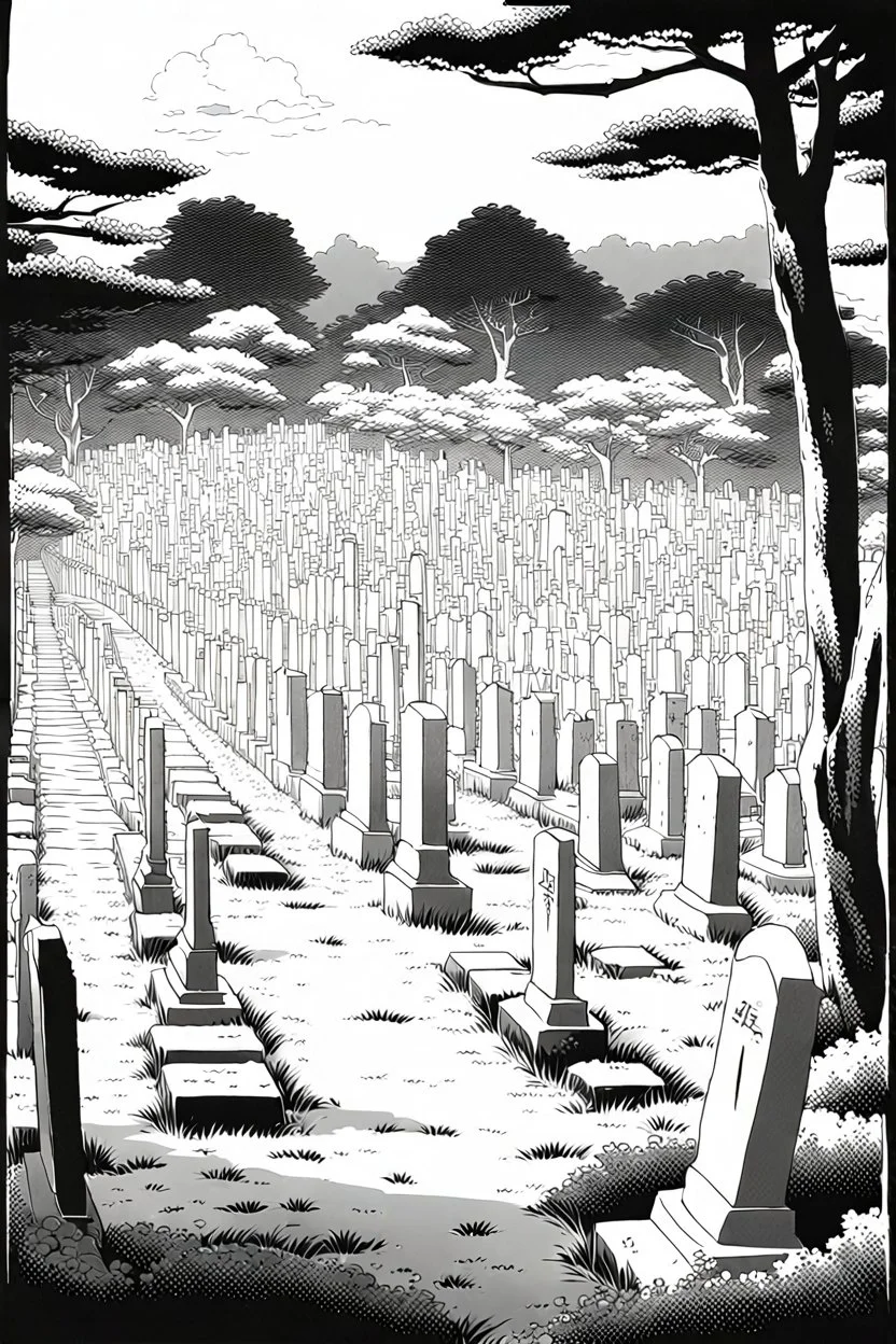 landscape, Japanese open air flat cemetery with thousand gravestones, high detail, manga style, grayscale