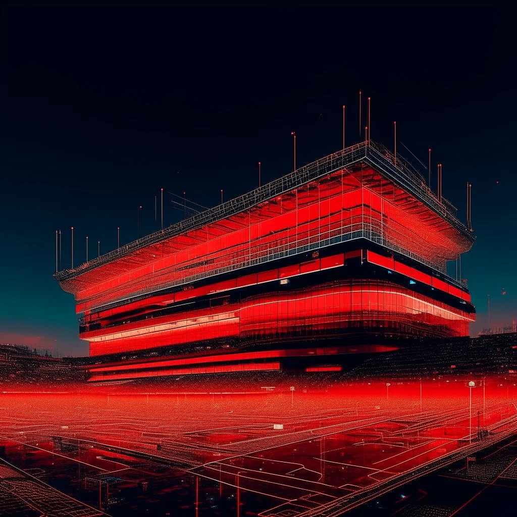 A bright pixel art cyberpunk-style illustration of the old trafford Stadium, home of man utd, glowing in red and white neon lights. The stadium is set in a futuristic skyline with illuminated skyscrapers, digital billboards, and a glowing road leading to the main entrance. The architecture is sleek and modern, with light reflecting off metallic surfaces. A toffee and a glowing red devils crest hologram float in the sky, casting a radiant gold hue. The city around is lively,