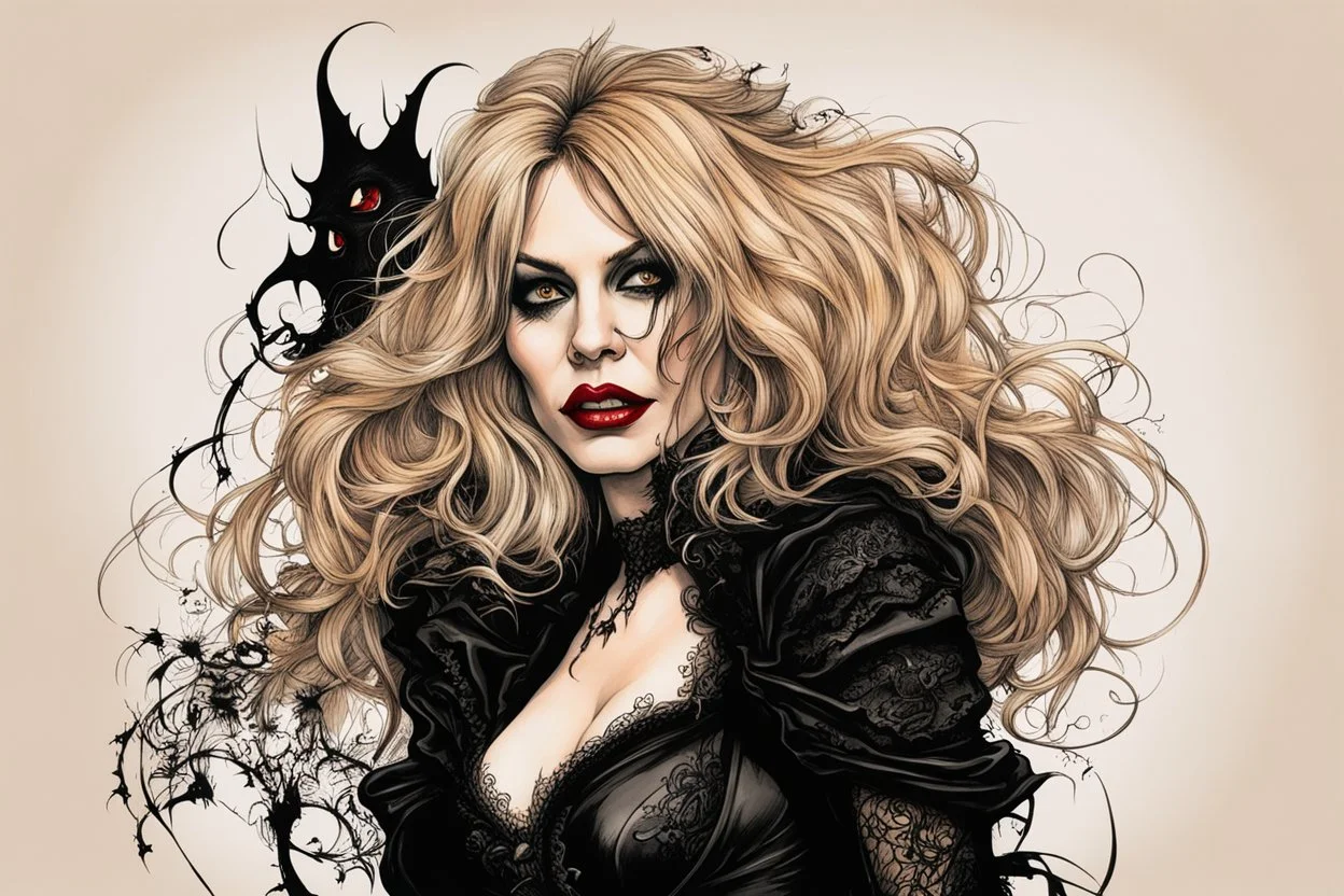 create a caricature of Courtney Love as a savage, sullen, gothpunk vampire girl with highly detailed and refined facial features and hair, clothed in an ornate Gothic rags and fishnet stockings, in the caricature cartoon style of Gerald Scarfe and Ralph Steadman, precisely drawn, boldly inked, vividly colored, 4k