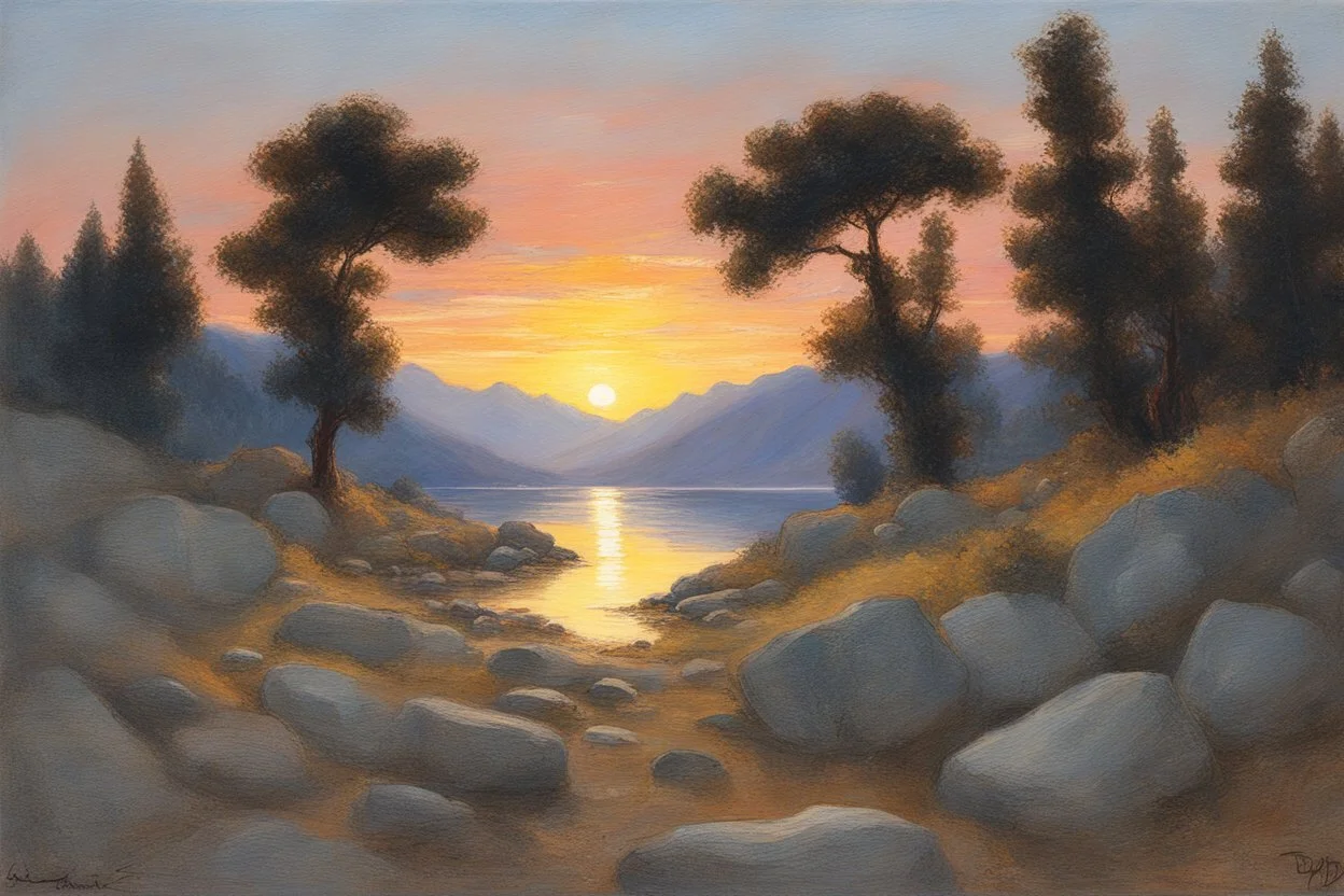 sunset, rocks, trees, cosmic and trascendent influence, ludwig dettman impressionism paintings