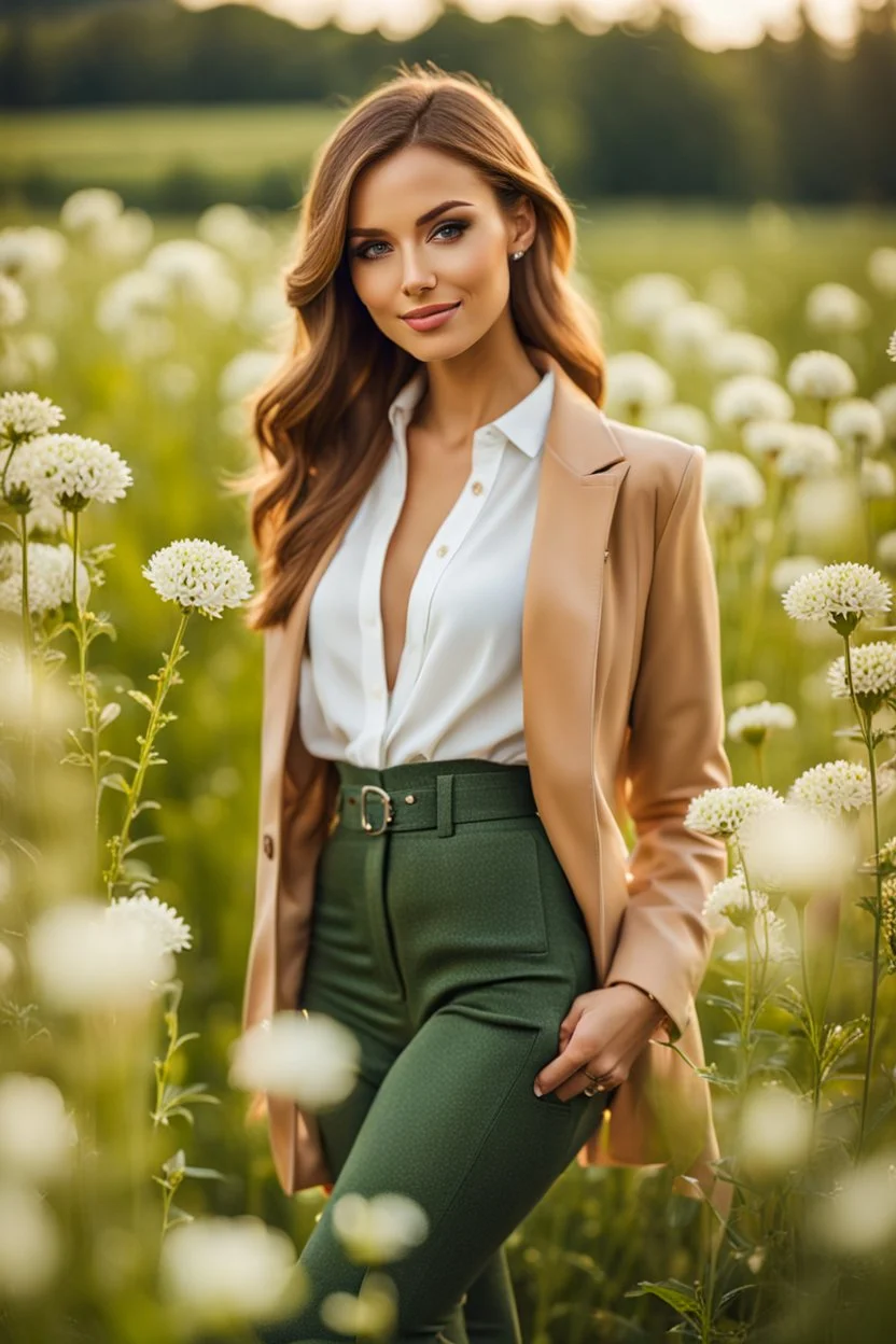 fullbody close up shot of young-beautiful-girl-with-a-perfect-face wearing pants and thight blouse and jacket, country side green field flowers day lights