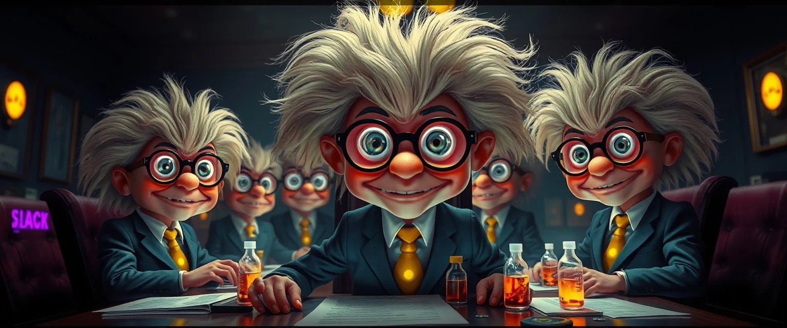 high class realism,, A really close up portrait of one person individually mutated with hairy wigs glowing, messed up uranium creatures in a dimly lit boardroom, wearing tiny suits and glasses, with playful expressions. The room is filled with scattered papers, glowing vials, and miniature nuclear reactors. Style: whimsical digital illustration, cinematic lighting, colorful
