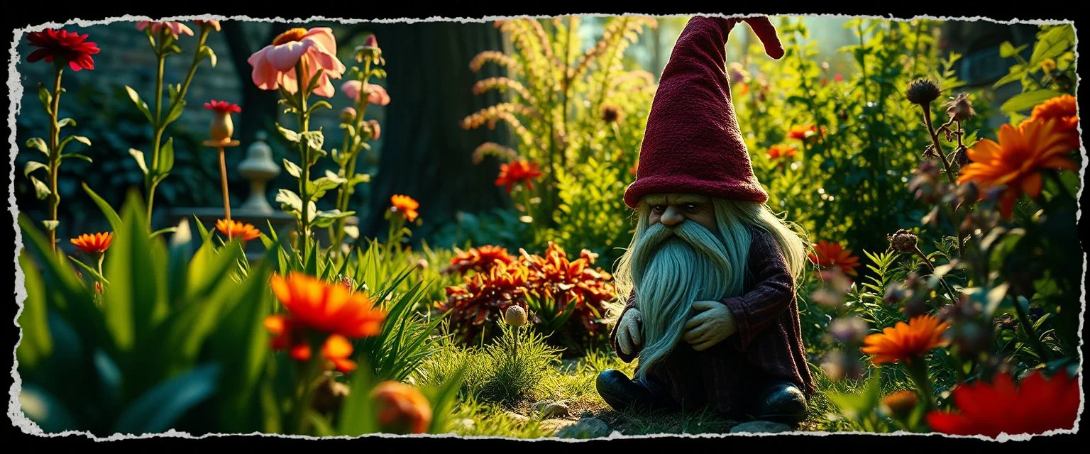 dark gnome in bright garden , pinhole cam, airbrush 3d rendering, in the style of John Atkinson Grimshaw , torn edges on border