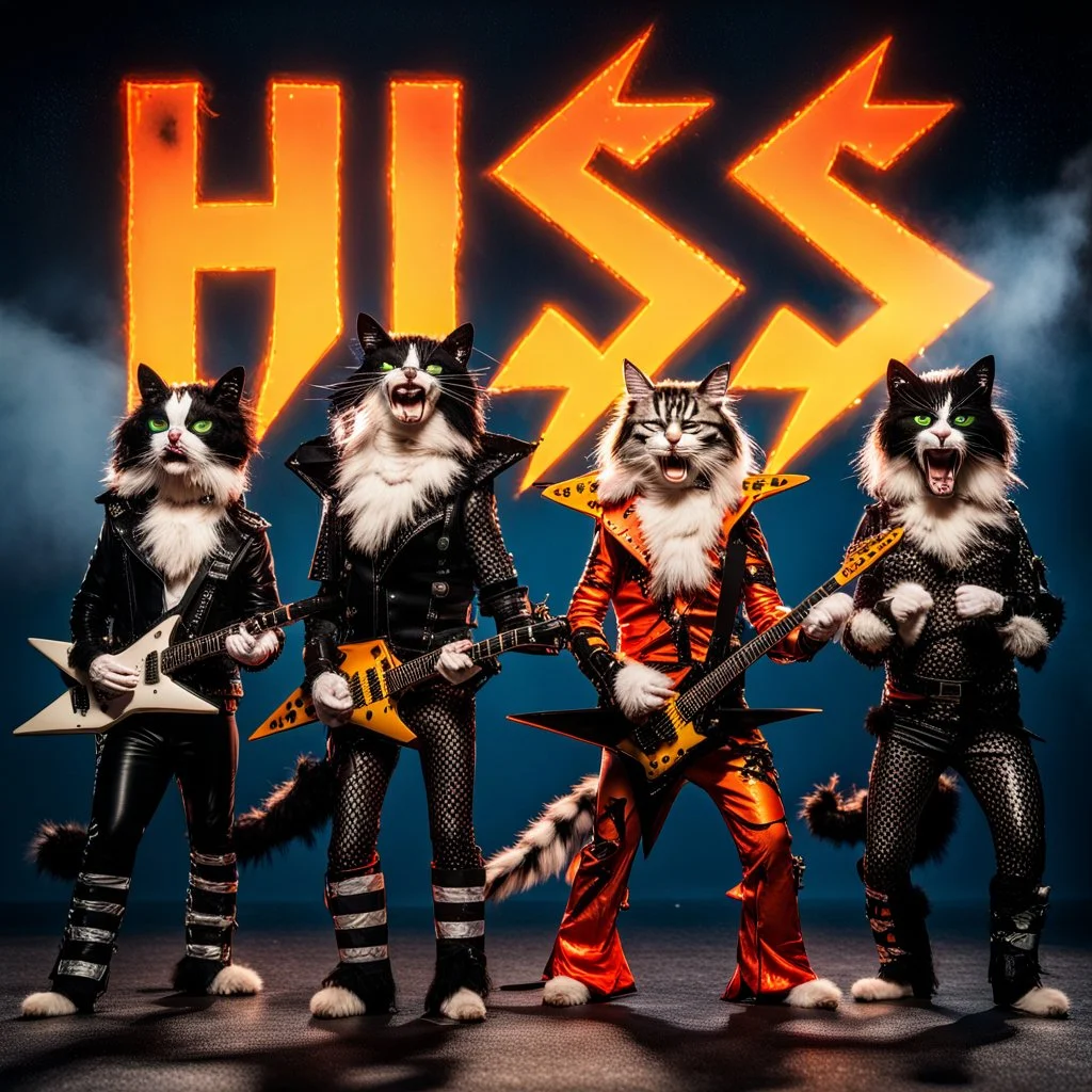 Four cats dressed as KISS band members, each with iconic black-and-white face paint and rock costumes, standing in a dramatic pose under the word 'HISS' in bold orange-yellow gradient letters with lightning bolt-style 'S', parody style, humorous and theatrical atmosphere, studio lighting, sharp details.