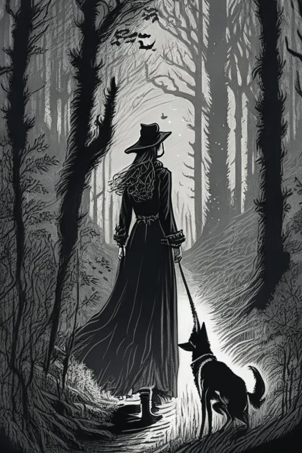 in the style of a Henry Justice Ford drawing, a beautiful witch walks through a dark forest, a dog is seen in the background standing against the horizon, waiting for her