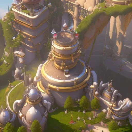 cute magic fantasy gold mine architecture concept in overwatch，vertical view