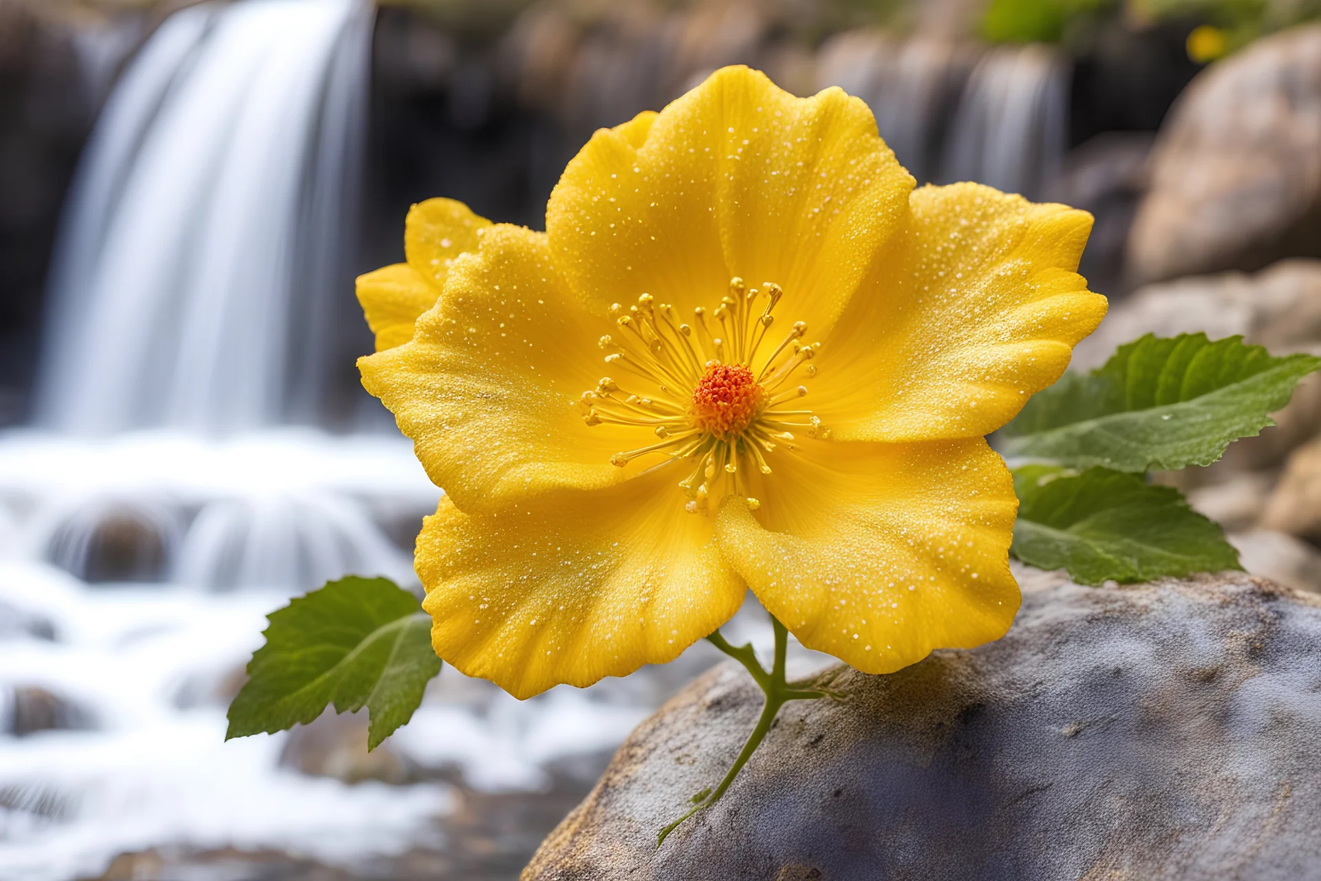 rock rose yellow cosmic sparkling flower in close-up. in the waterfall background.