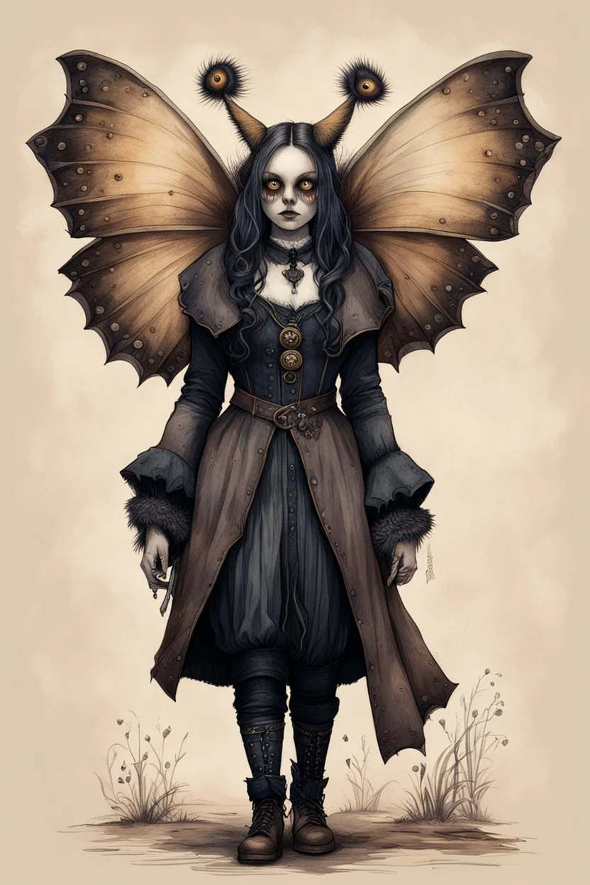 Jean-Baptiste Monge style 19th century hand drawn full body illustration of a walking hybrid Polyphemus moth goth girl, with highly detailed facial features with multi cellular eyes, drawings, 8k, vibrant natural colors,