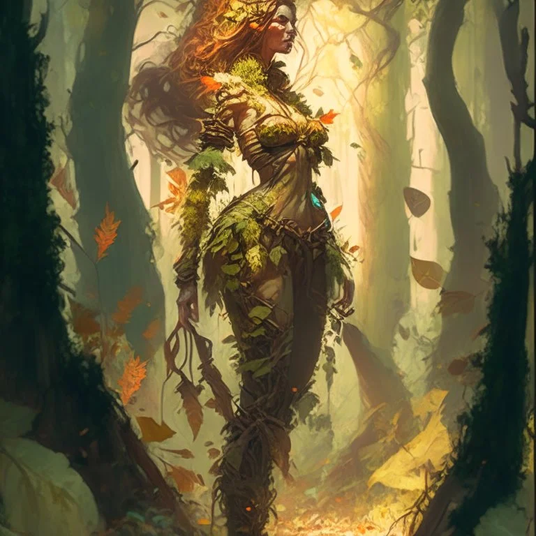 create a full body portrait of a forest dryad enchantress , with highly detailed, sharply lined facial features, in the deep forest of Brokilon in rustic woodland colors, 4k in the style of Peter Mohrbacher