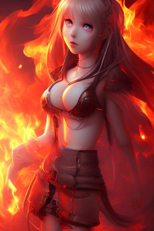 3d Anime girl close and personal but beautiful in fire background