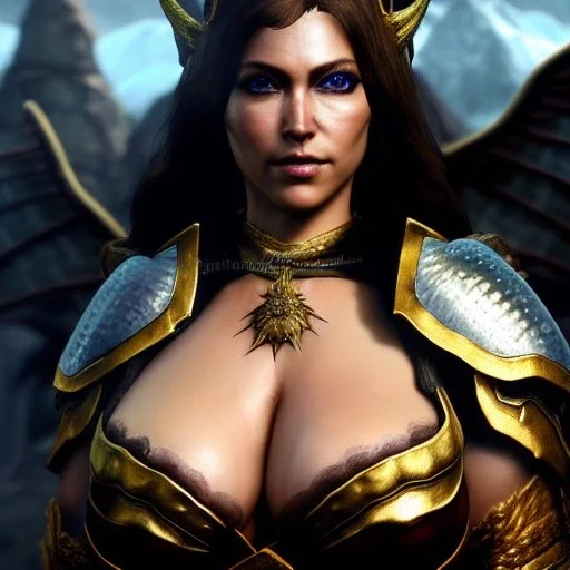 ultra detailed fullbody Portrait in oil on canvas of a beautiful busty woman with Skyrim Dragon priest mask and armor,extremely detailed digital painting, extremely detailed face,crystal clear Big eyes, mystical colors ,perfectly centered image, perfect composition,rim light, beautiful lighting, 8k, stunning scene,extremely sharp detail, finely tuned detail, ultra high definition raytracing, in the style of robert e howard and pablo oliveira and Ken Kelley and Ohrai Noriyoshi and Simon Bisley