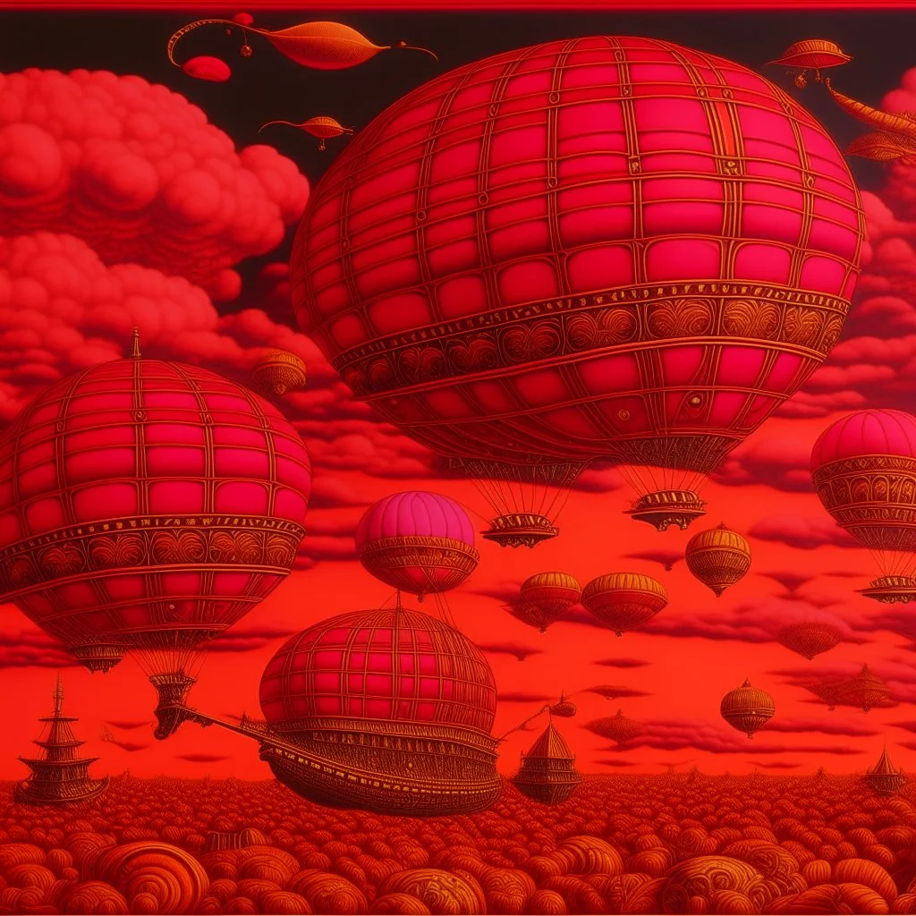 A dark pink sky with airships designed in German folk art painted by Paul Ranson