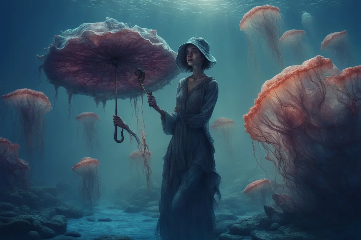 tall slim woman in ragged, torn clothing, in an underwater scene, holding an umbrella made from a jellyfish, detailed matte painting, deep colour, fantastical, intricate detail, complementary colours, fantasy concept art, 8k resolution, Unreal Engine 5