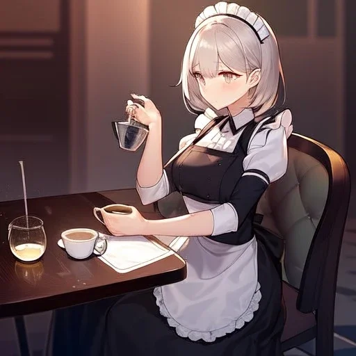 anime girl dressed as a waitress filling a tea cup of coffee, in a diner, with tables and chairs nd booths, two identical tea cups sitting on a table, waitress is pouring coffee into a cup and it over flows, one cup is overflowing and the other is empty