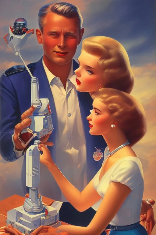 american dream painint man holding a robot girl 1950s