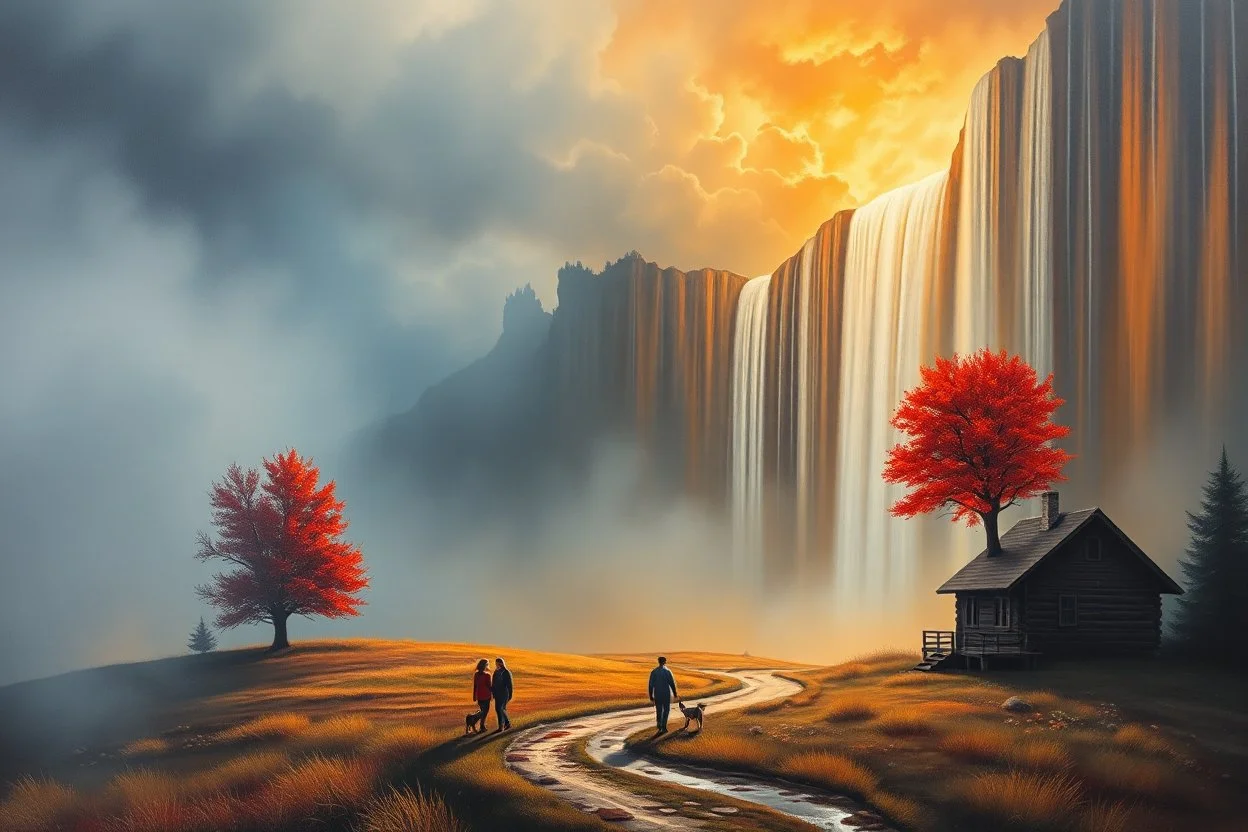 A cinematic atmospheric oil painting landscape dramatically split between cool misty blue-gray tones on the left and warm golden-orange sunset hues on the right. A vibrant red tree blazes like flames against the dramatic sky on the right side. Cascading vertical color streaks create a surreal waterfall effect throughout the composition. Two human figures a man and a woman and a dog walk intimately side-by-side along a winding path in the foreground. A rustic wooden cabin sits