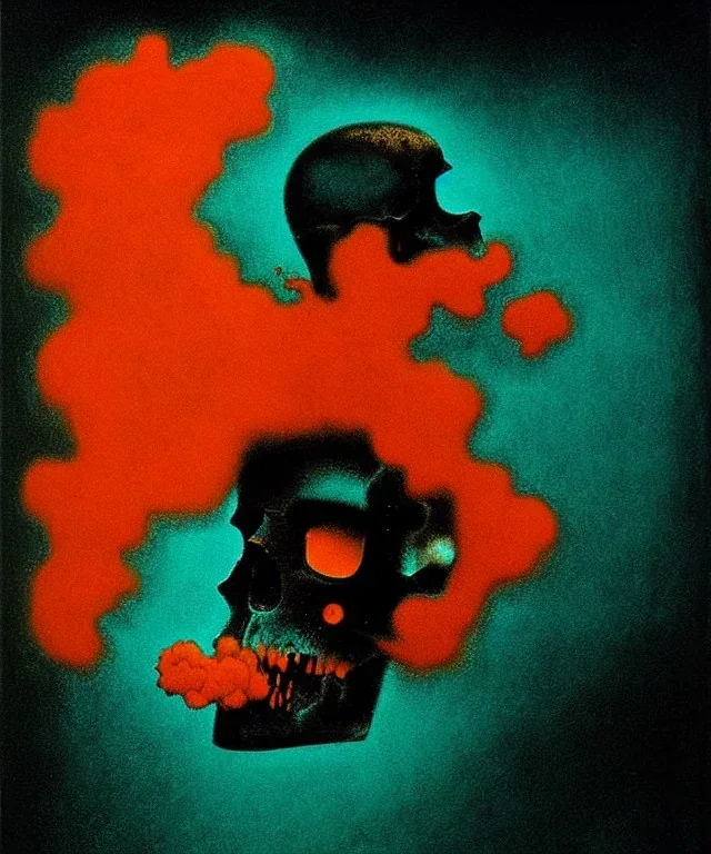 broken skull. black background. smoke and explode. particles in air. teal and orange. abstract. beksinski.