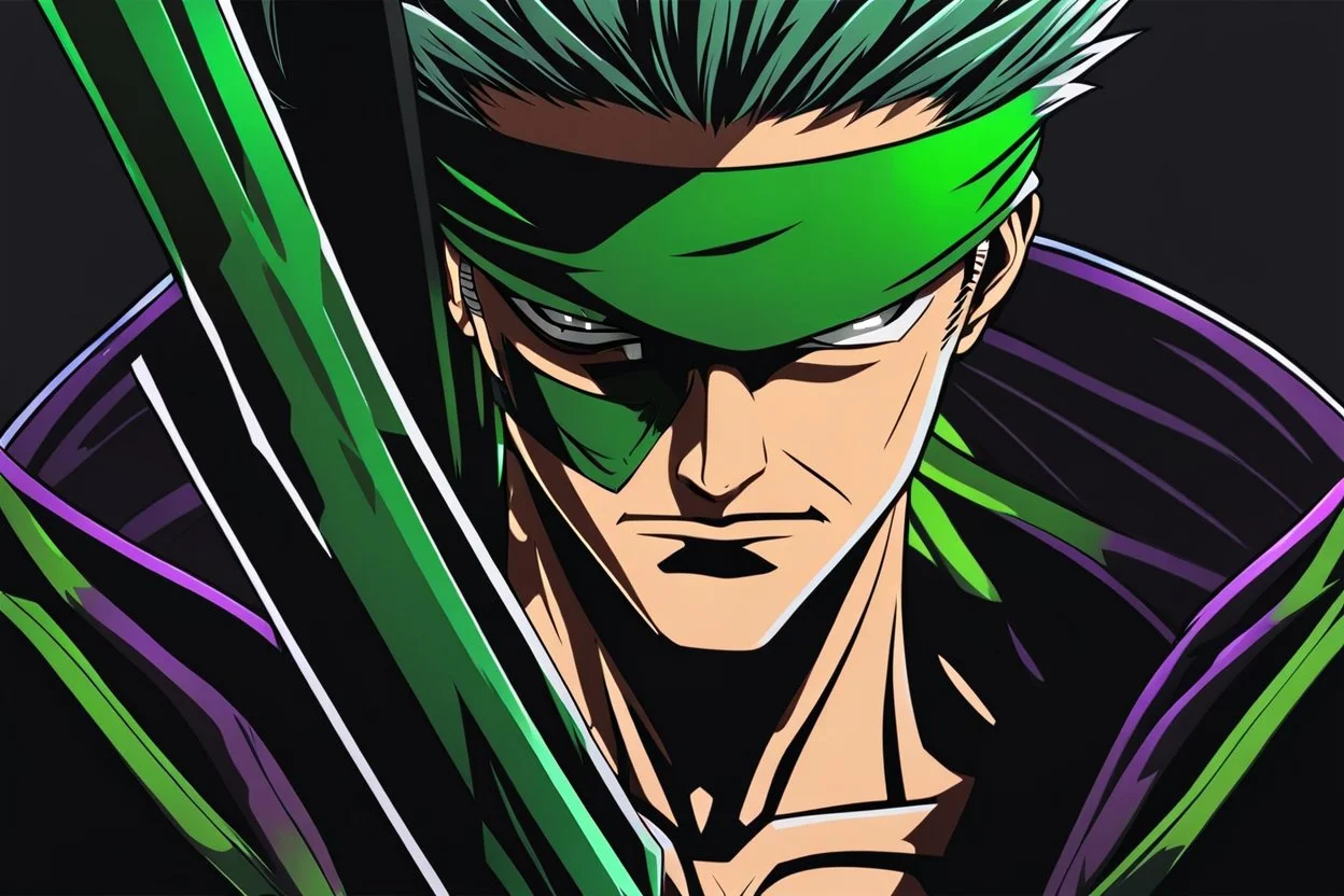 Roronoa Zoro with Body parts mechanism in 8k 2D anime cyberpunk drawing style, close picture, fantasy, neon, highly detailed, high details, detailed portrait, masterpiece,ultra detailed, ultra quality