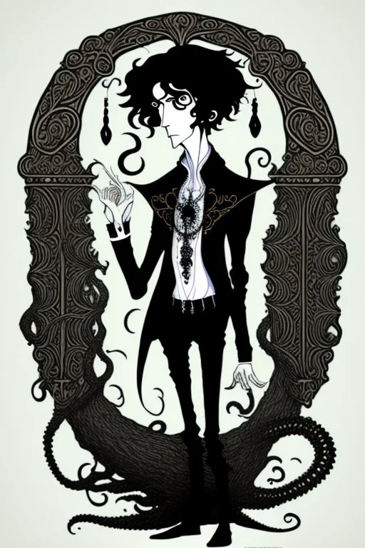 black haired young man necromancer wizard with gothic jewelry and tentacle fingers in the style of Aubrey Beardsley