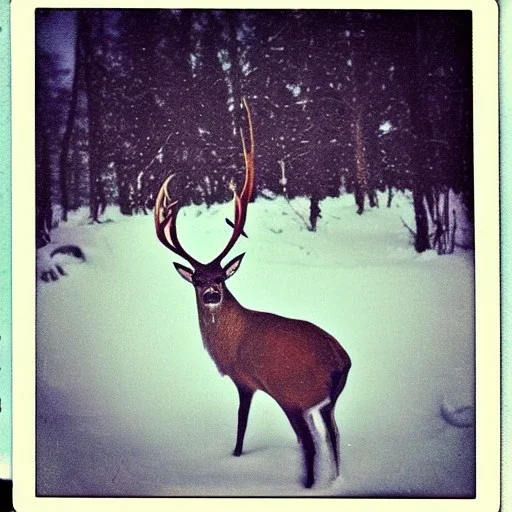 unusual multilegged and multiple eyed stag cryptid in the snow polaroid vintage style realistic