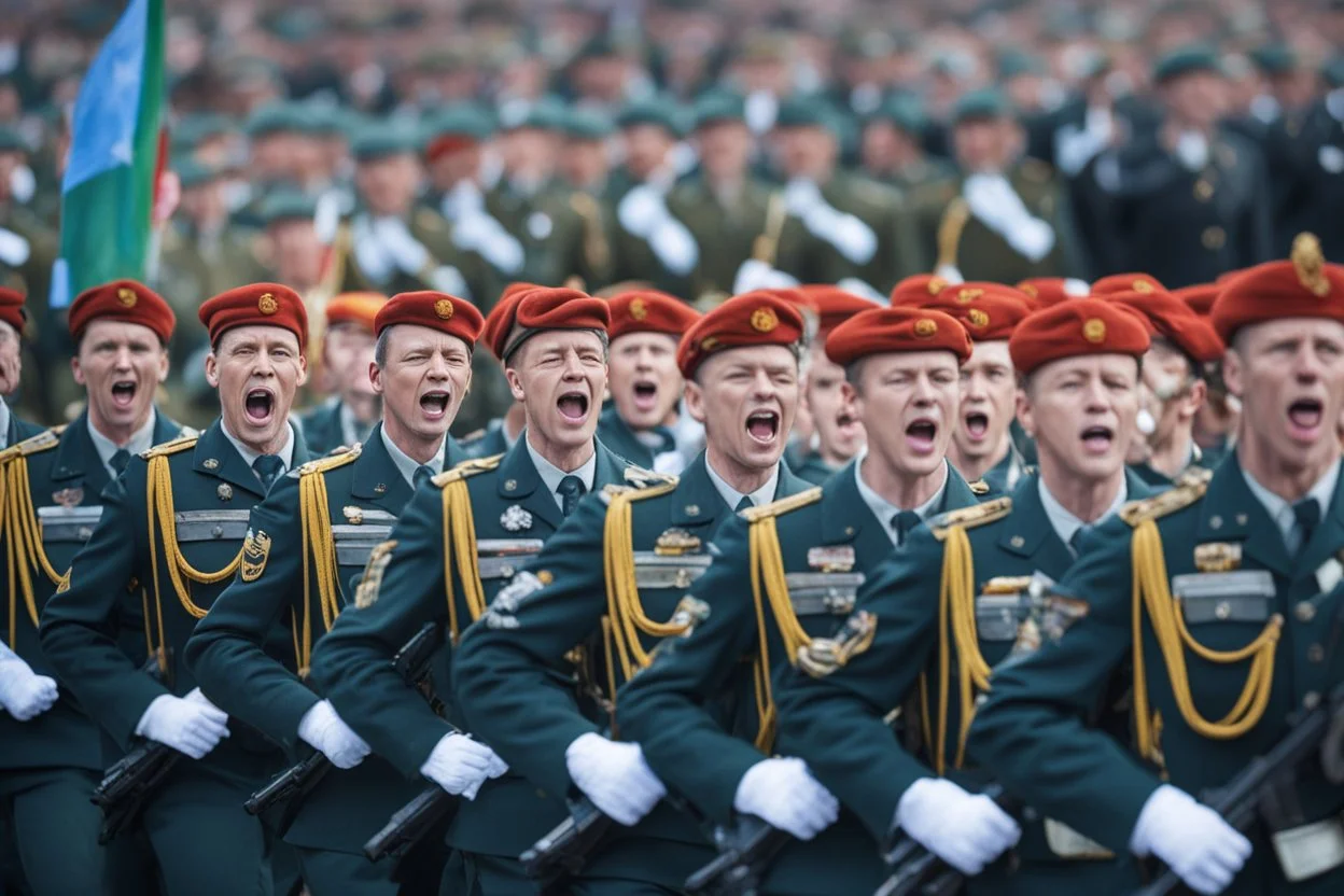 Soldiers marching in formation; military parade; passionately shouting;