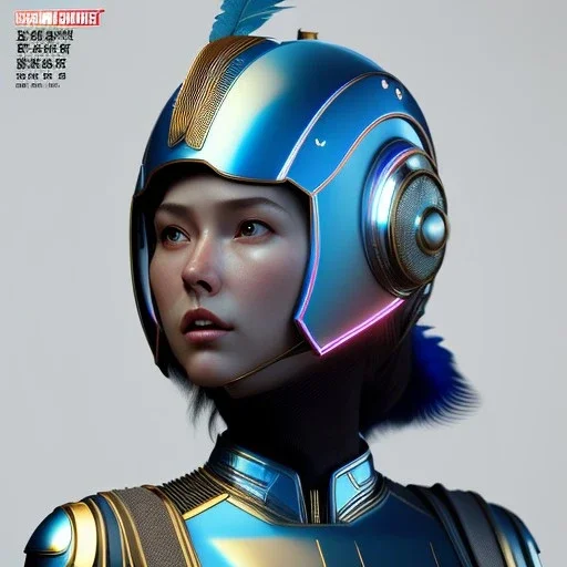 woman, asian, blue, helmet, decorative color feathers, retro futuristic, latex coat, soft color, highly detailed, art stations, concept art, smooth, unreal engine 5, god rays, ray tracing, RTX, lumen lighting, ultra detail, volumetric lighting, 3d, finely drawn, high definition, high resolution.