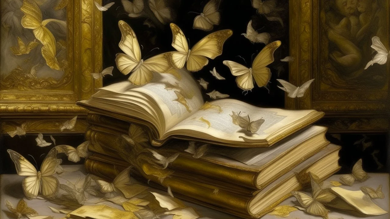 Enjambre de polillas blancas emergiendo de un libro abierto → Pintura → biblioteca abandonada → simbolismo literario → contraste entre materia y vuelo → óleo y pan de oro → composición central → iluminación de una única ventana → paleta sepia, blanco y dorado → atmósfera misteriosa → paleta cromática cálida → realismo fantástico → detalle exquisito → textura envejecida.
