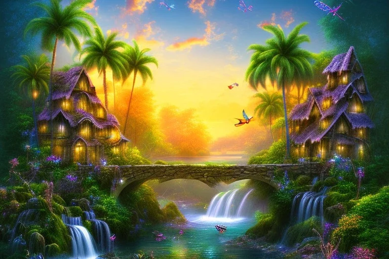 island waterfall palms twigs spring sunset flower bridge buterflies