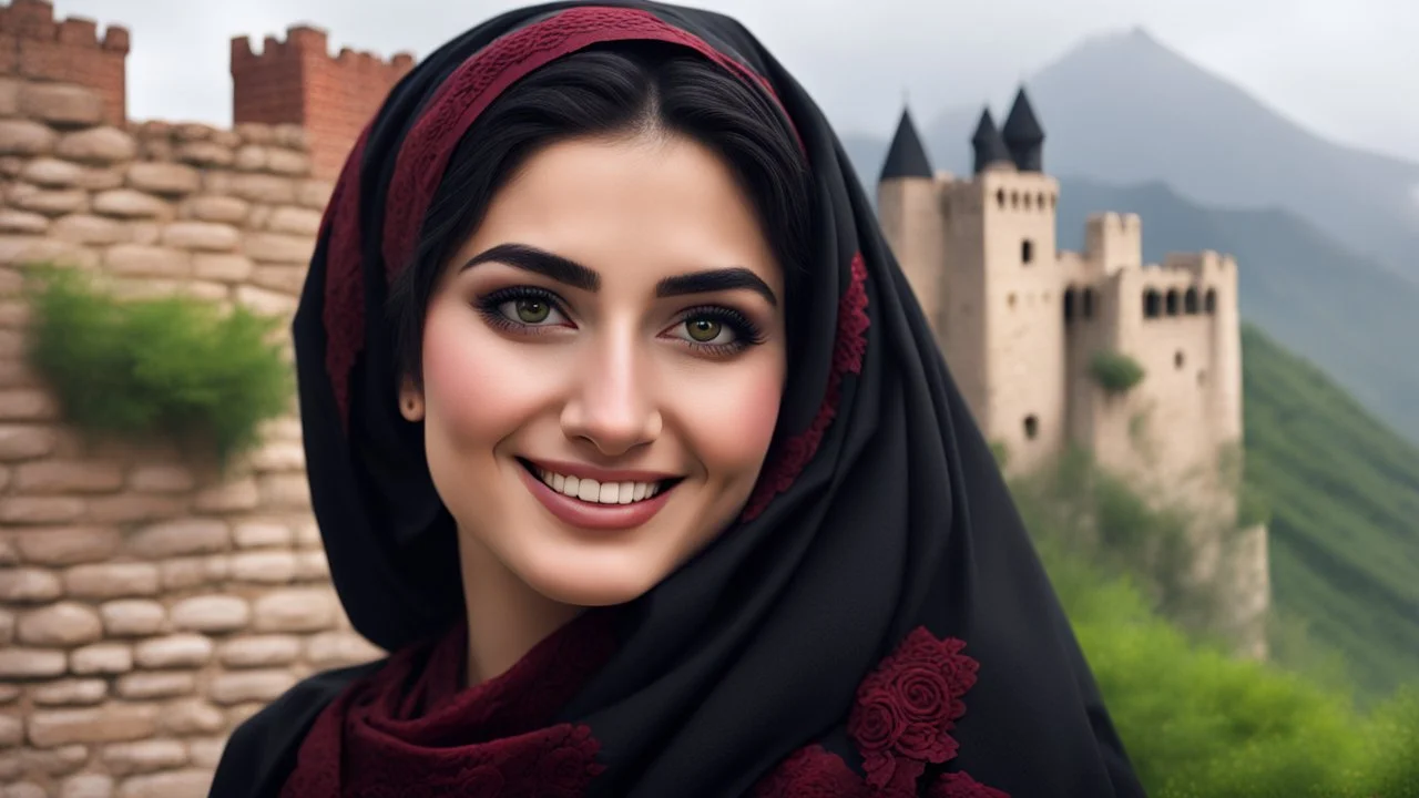 Hyper Realistic Close-Face-View-Of Beautiful Young Happy Pashto Woman With Beautiful-Black-Mascara-Eyes-&-Black-Hair Smiling & Wearing Black-Frock & Black-Shawl-With-Maroon-Lace Carrying A White-Rose outside a brick-castle-wall on Mountain-Top With Greenery & Breathtaking Cloudy-Rainy-Weather Showing Dramatic & Cinematic Ambiance.