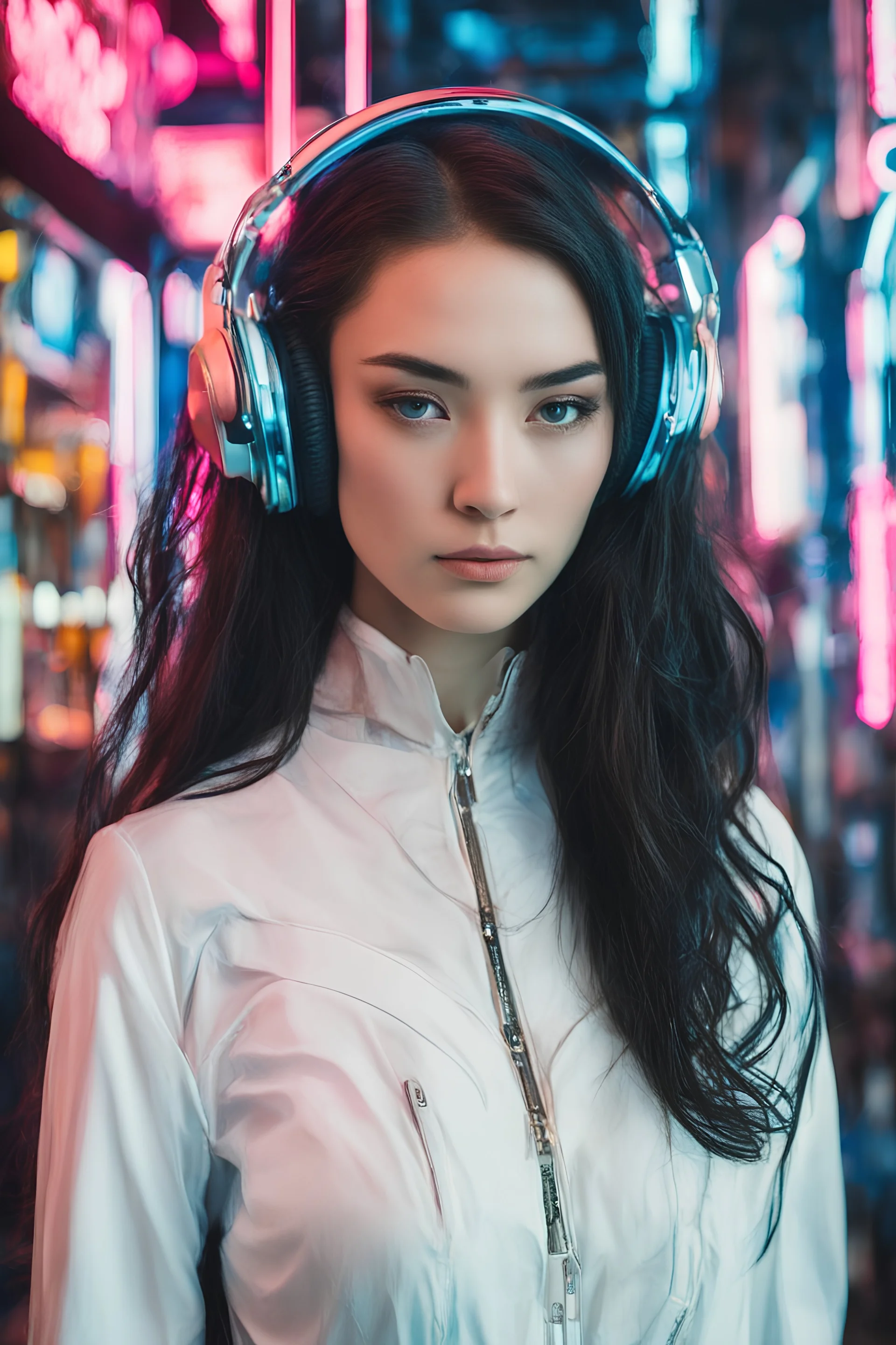 Kodak Vision 2383, full body photo of a mystic cyber droid biotech woman named Lisa Lou, with dark long hair and long model lags, wearing high-tech headphones and a white shirt, The background unfocused pinkish Neon Signs lights, with her "beautiful big blue eyes" she looks directly into the camera, detailed natural skin, retrofuturism, future tech, dramatic cinematic lighting, RAW photo, high detailed Natural skin, film grain, cyberpunk neon look, camera f1.6 lens, rich colors,