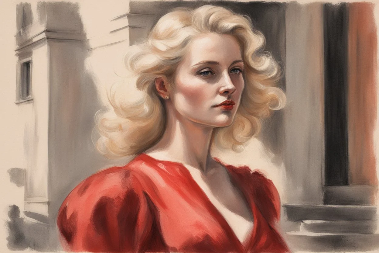 elegant blonde woman in firenze in red costume in sunshine, shading pastel and charcoal